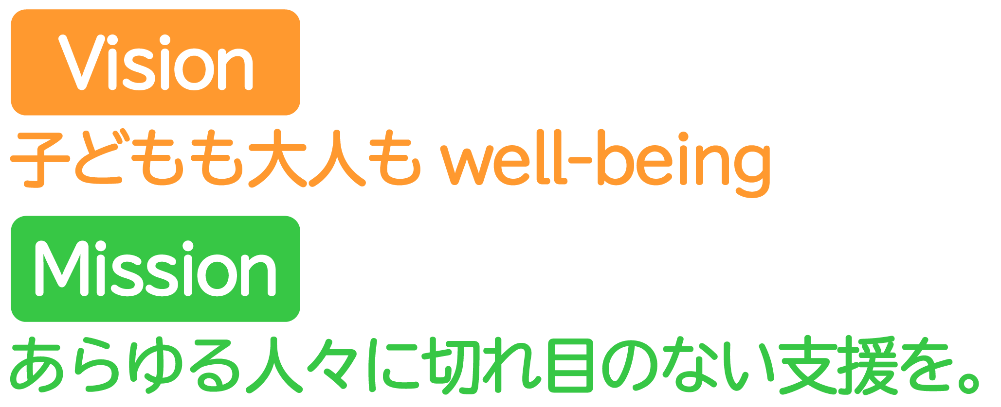 vision：子どもも大人も社会もwell-being　mission：あらゆる人々に切れ目のない支援を。